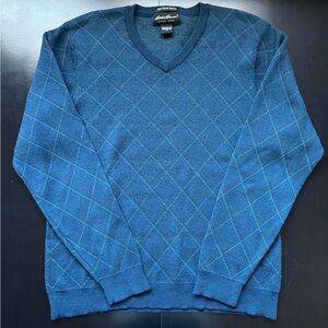 Eddie Bauer Teal Diamond Italian Merino V-Neck Sweater M